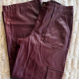 Wide Leg Maroon / Burgundy Leather Cargo Pants
